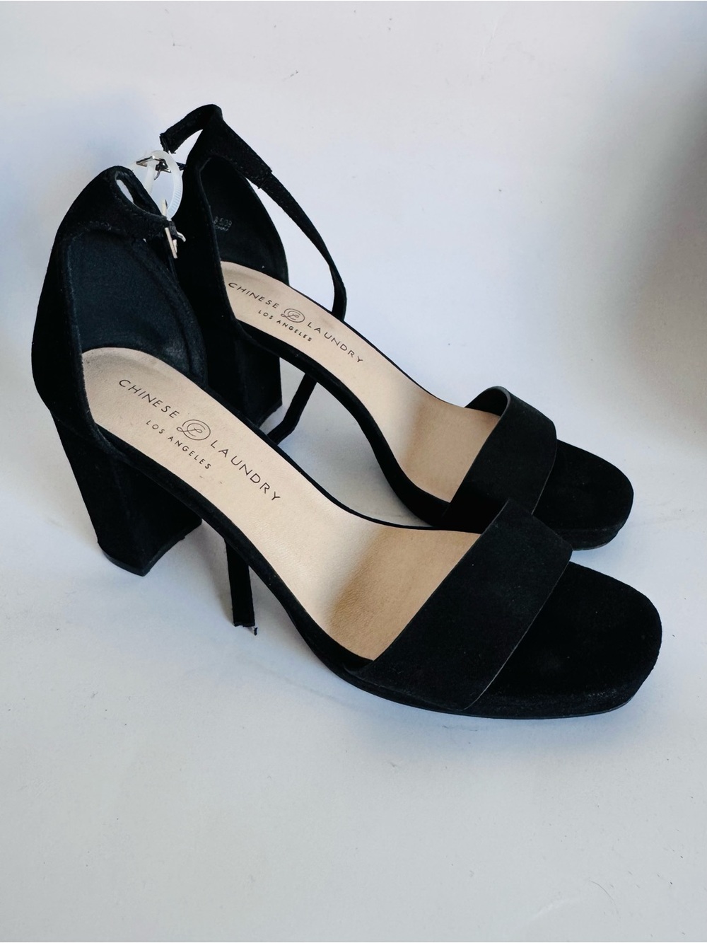 Chinese Laundry Black Suede Ankle-Strap Block Heel Sandals